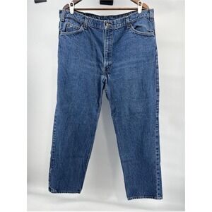 Vintage 90's Blue Levi 540 High Waisted Straight Leg 42x30 Brown Leather Tab